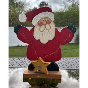 Handcrafted Wood Santa Claus Figurine W/Green Toy Sack Christmas OOAK Vintage